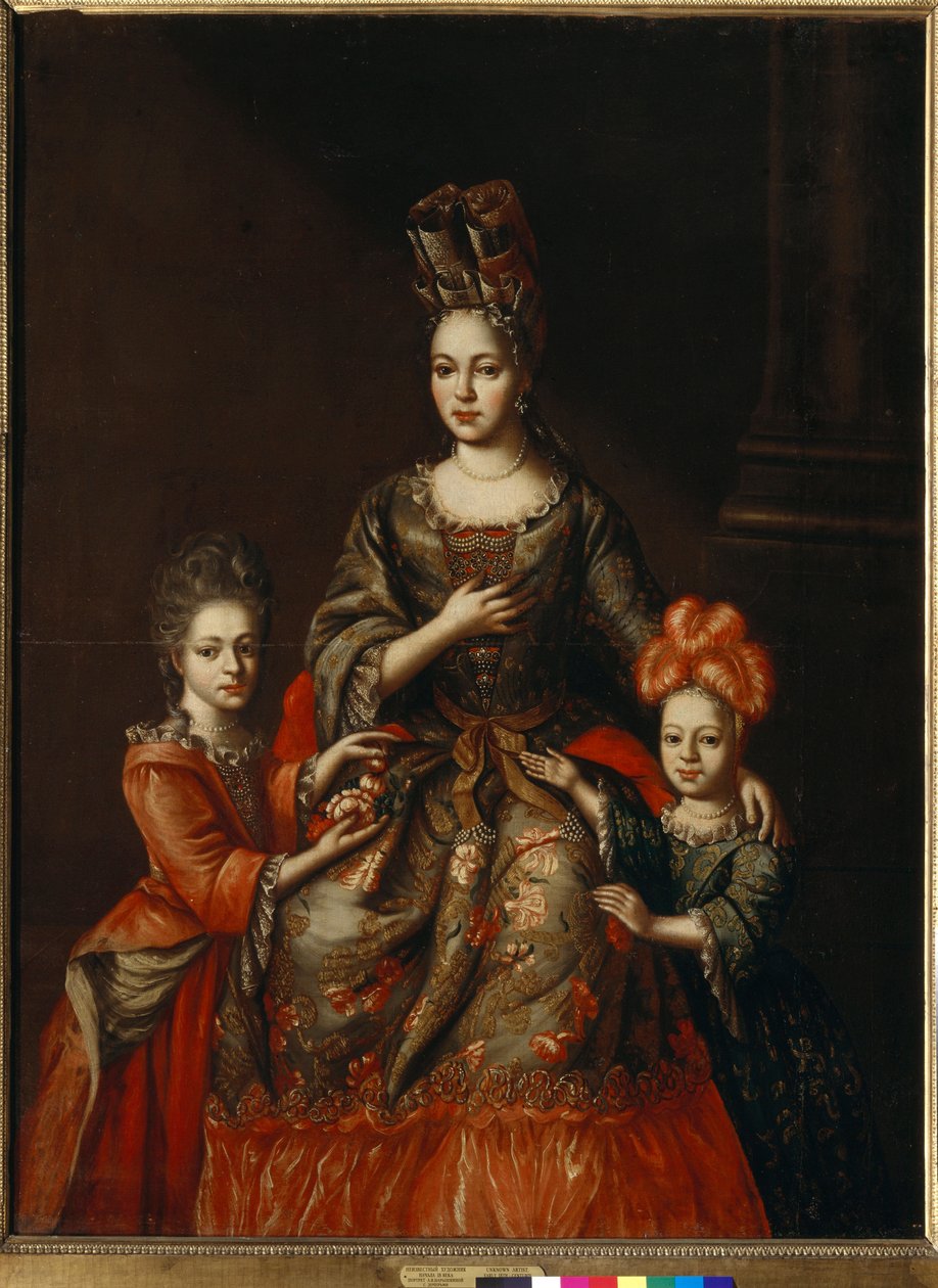 ""Anastasia Naryskina, Szentpétervár kormányzójának felesége, valamint lányai, Alexandra és Tatyana portréja"" Névtelen festmény, 18. század eleji 180x130,8 cm-es Állami Tretyakov Galéria, Moszkva alkotó: Anonymous Anonymous