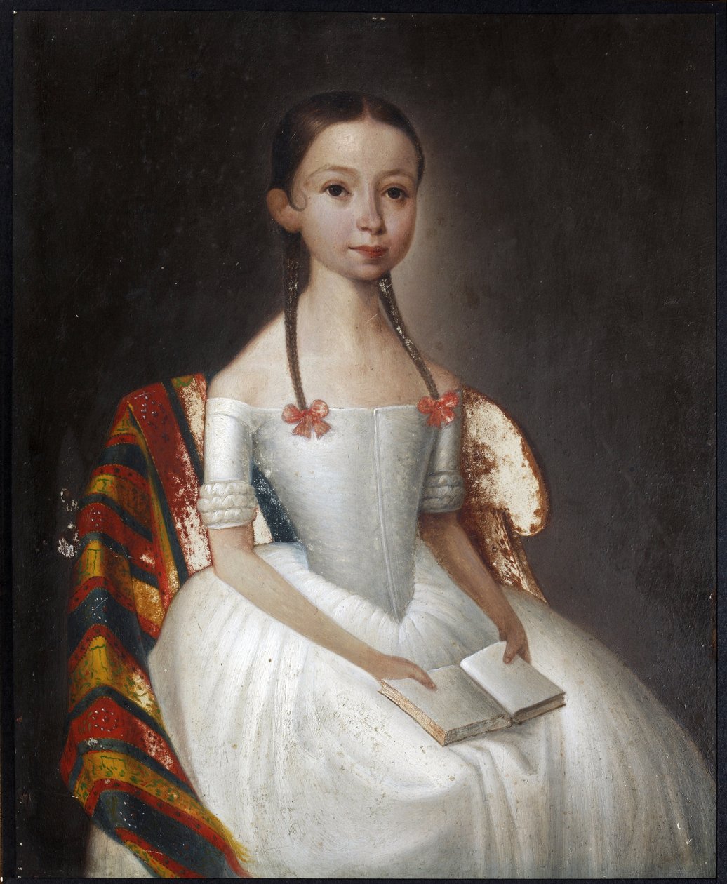 ""Könyvet tartó lány portréja"" (Könyves lány portréja) Névtelen festmény 1830 körül Magángyűjtemény alkotó: Anonymous Anonymous