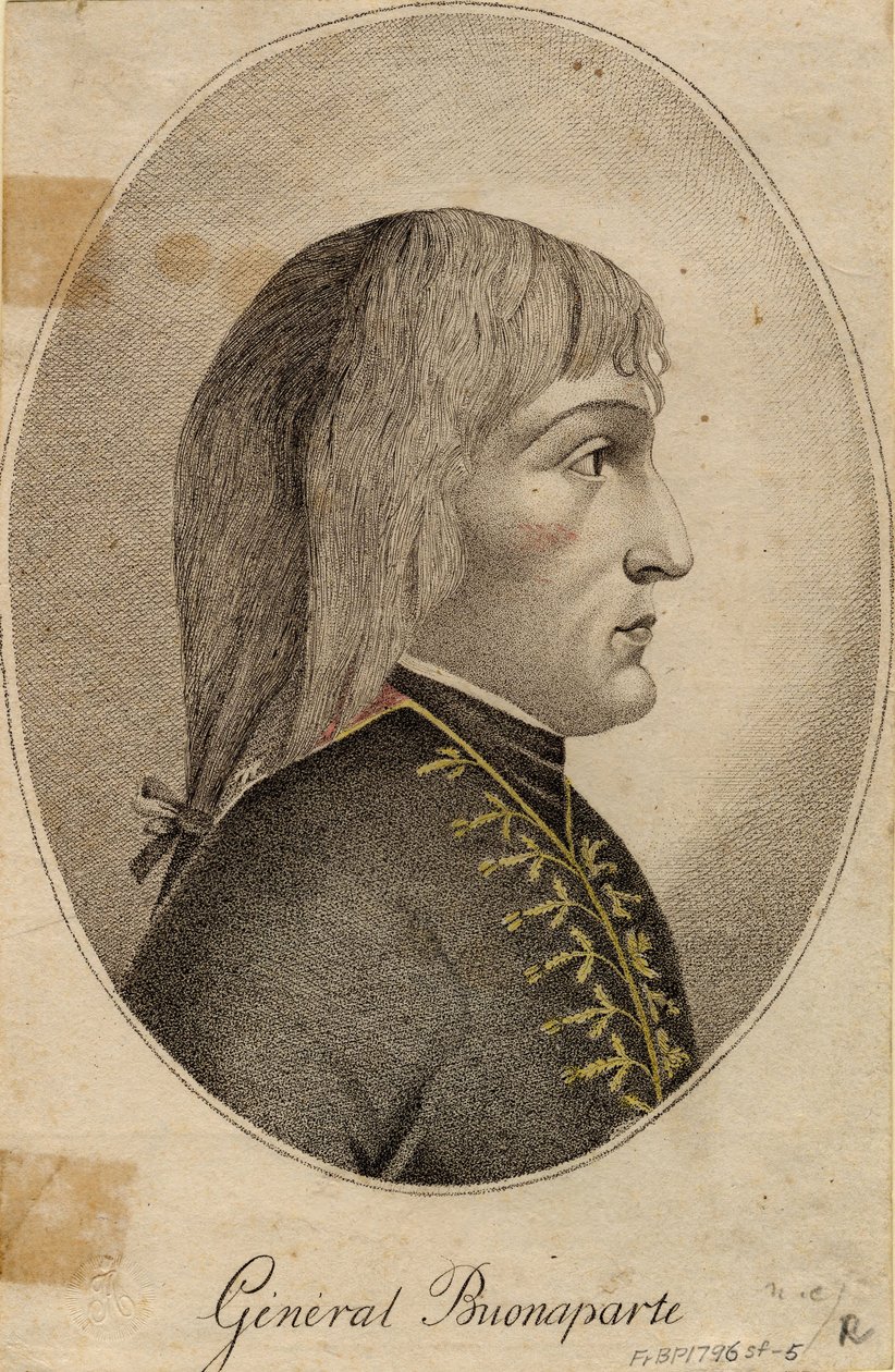 ""Bonaparte Napóleon tábornok (1769-1821) portréja"" Névtelen metszet 1796 Méret: 19,2x12,5 cm Magángyűjtemény alkotó: Anonymous Anonymous