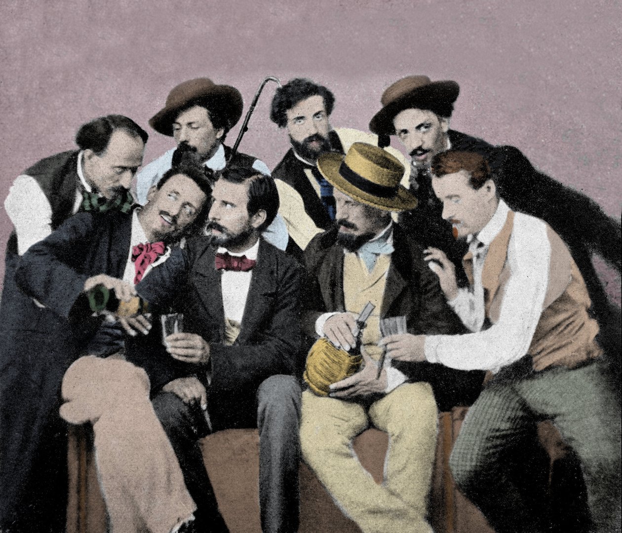 Portré művészcsoport (Macchiaioli) Firenzében: köztük balról jobbra fent Gaetano Bianchi, Cristiano Banti, Vito d