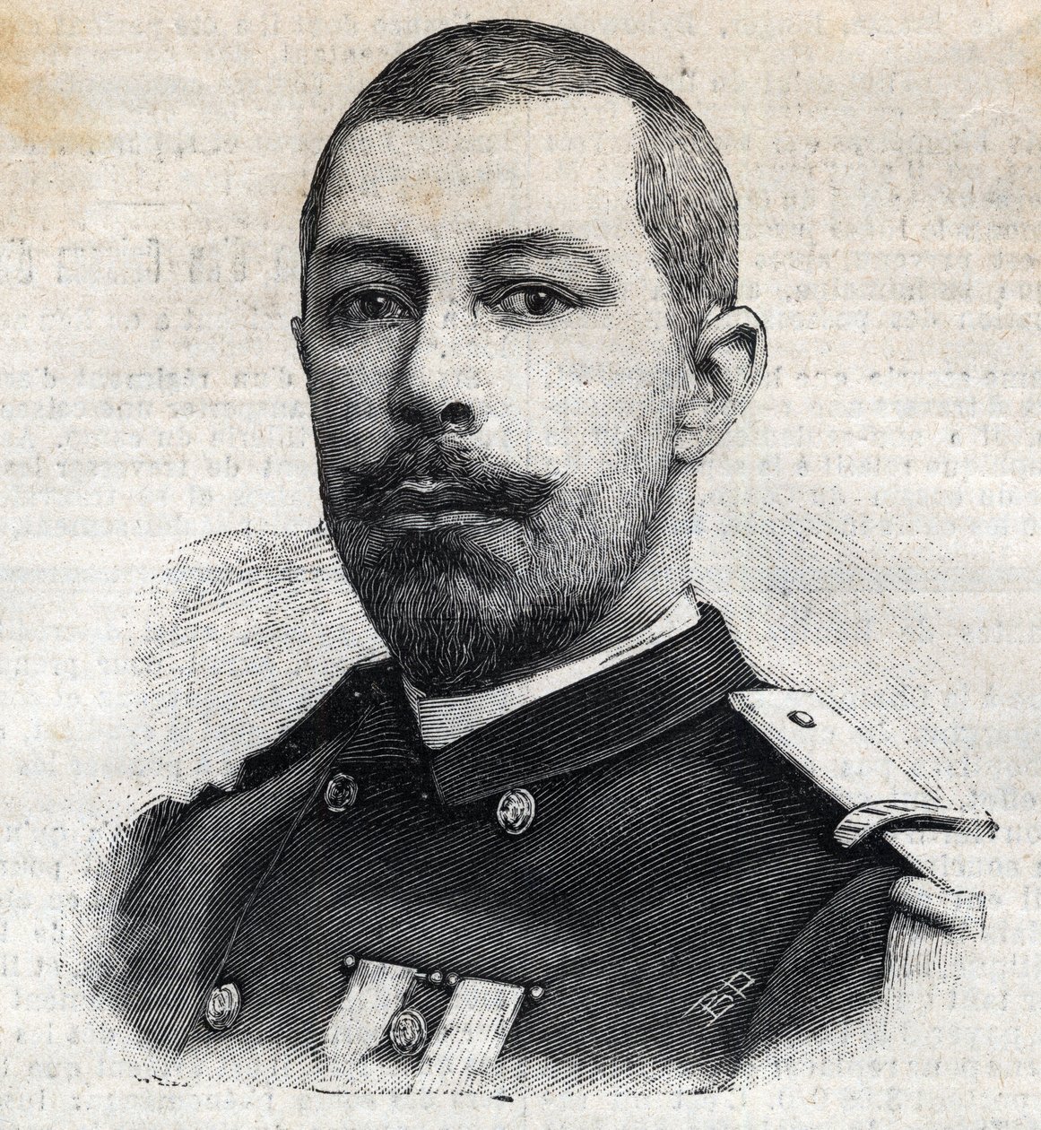 Antoine Mizon (1853-1899) francia felfedező Afrikában portréja. Metszet a „Le Peute Parisien”-ben alkotó: Anonymous Anonymous