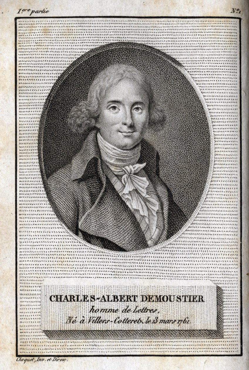 Charles Albert Demoustier (1760-1801) francia író portréja. Metszet 1819-ből Charles Albert Demoustier (1760-1801) „Lettres a Emilie sur la mythologie” című művében. Magángyűjtemény. alkotó: Anonymous Anonymous