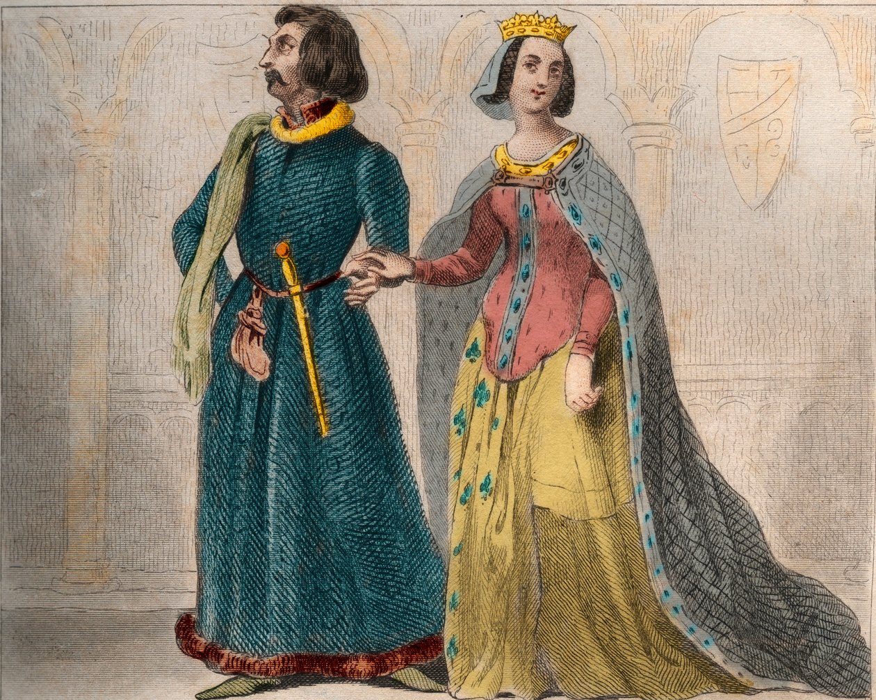 Charlotte de Savoie (1441-1483) francia királynő portréja XI. francia Lajossal, akit a Megfontolt (1423-1483) néven ismernek. Metszet 1859-ből a „” Le Monde-ban. Minden nép története a legtávolabbi időktől napjainkig”. M. E. de Lostalot-Bachoue. alkotó: Anonymous Anonymous