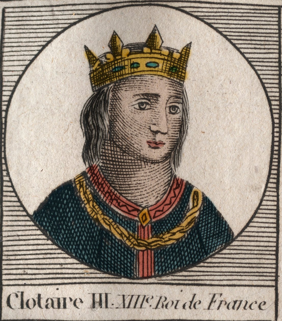 III. Clothaire (652-673), Neustria és Burgundia királyának portréja – III. Chlothar vagy III. Clotaire, a frankok királya a Merovingok házából – metszet Charles Constant Le Tellier „Instruction sur l
