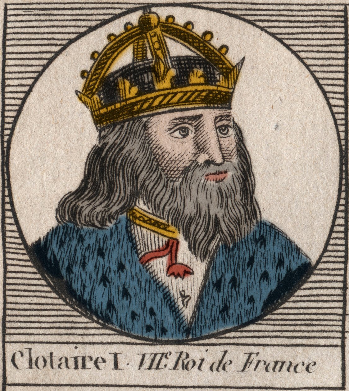 I. Clothaire (497-561), Neustria királya és a frankok királyának portréja - I. Clothar, a frankok királya - metszet az „Instruction sur l