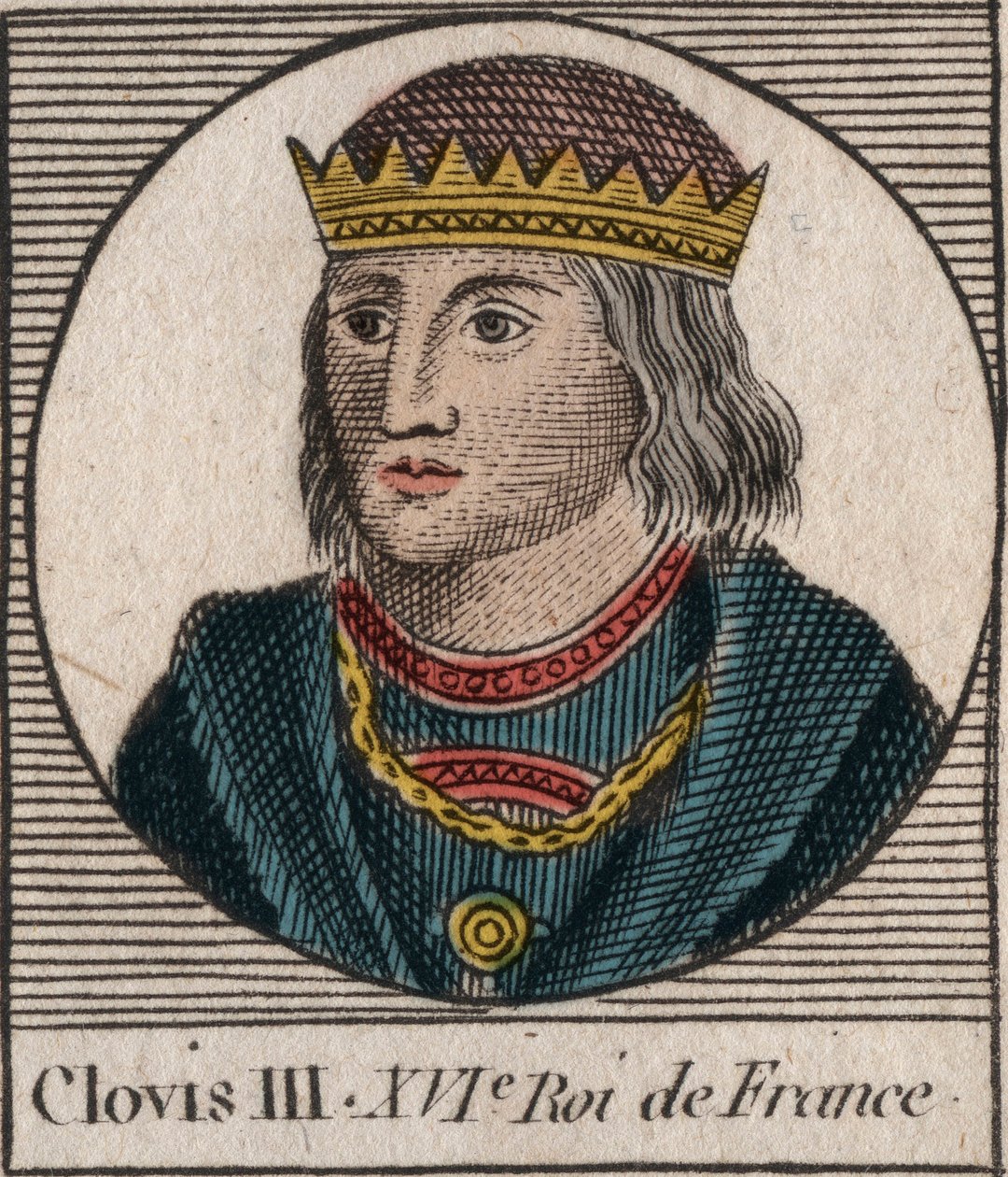 III. Klovisz, a frankok királyának portréja 691-től 695-ig – III. KLOVISZ Neustria és Ausztrália meroving királya – metszet az „Instruction sur l