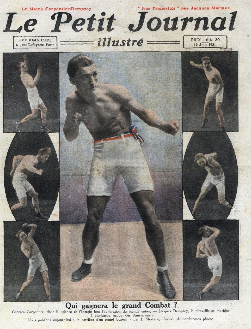 Georges Carpentier francia bokszoló portréja, aki Jack Dempsey amerikai ökölvívóval küzd meg a világbajnoki címért. Az illusztráció az 1921.06.19-i „” Le petit Journal illustrious”” című könyvből vett. Magángyűjtemény alkotó: Anonymous Anonymous