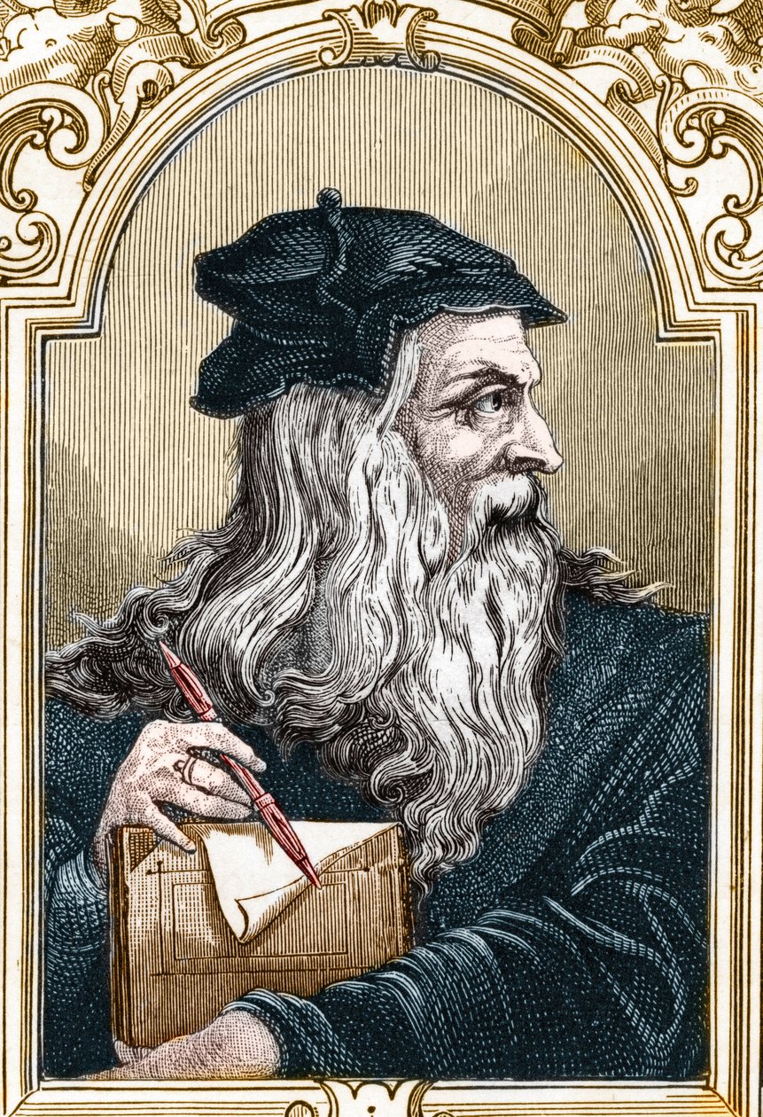 Leonard de Vinci (Leonardo da Vinci) (1452-1519) portréja. 1859-es metszet „Európa galériáiban – Olaszország””, Armandaud (metszet) alkotó: Anonymous Anonymous