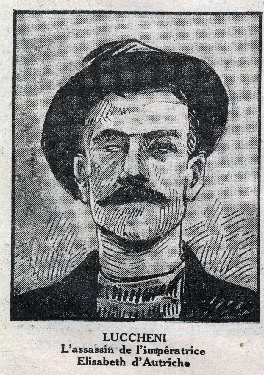 Luigi Lucheni (1873-1910), olasz anarchista, Elisabeth de Wittelsbach, Sissi néven ismert osztrák császárnő 1898-as orgyilkos portréja. Metszet a „L