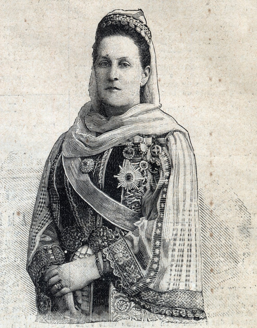 Olga Constantinovna oroszországi (1851-1926) görög királynő portréja. Metszet a „Le Peute Parisien”-ben alkotó: Anonymous Anonymous