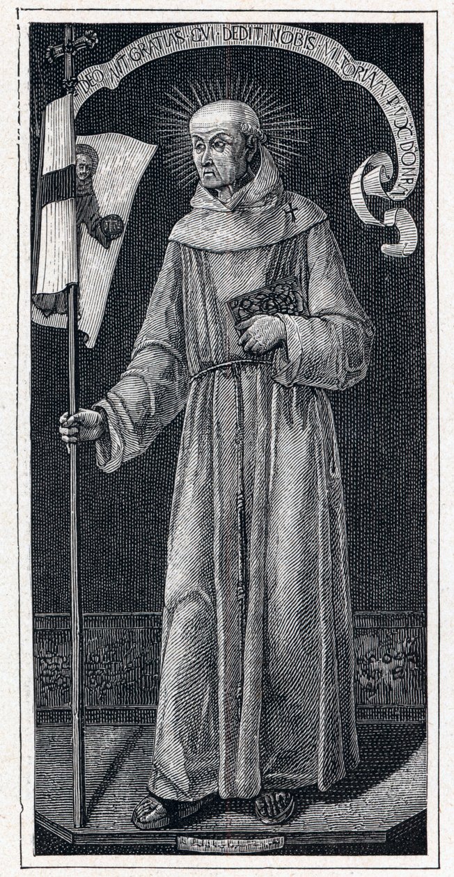 Kapisztrán Szent János (Giovanni da Capestrano) (1386-1456), olasz ferences portréja. Bartolomeo Vivarini 15. századi festményéből. Louis-Eugene (Louis Eugene) Louvet „Katholikus missziók a XIX. században” című metszetébe. privát vállalat alkotó: Anonymous Anonymous