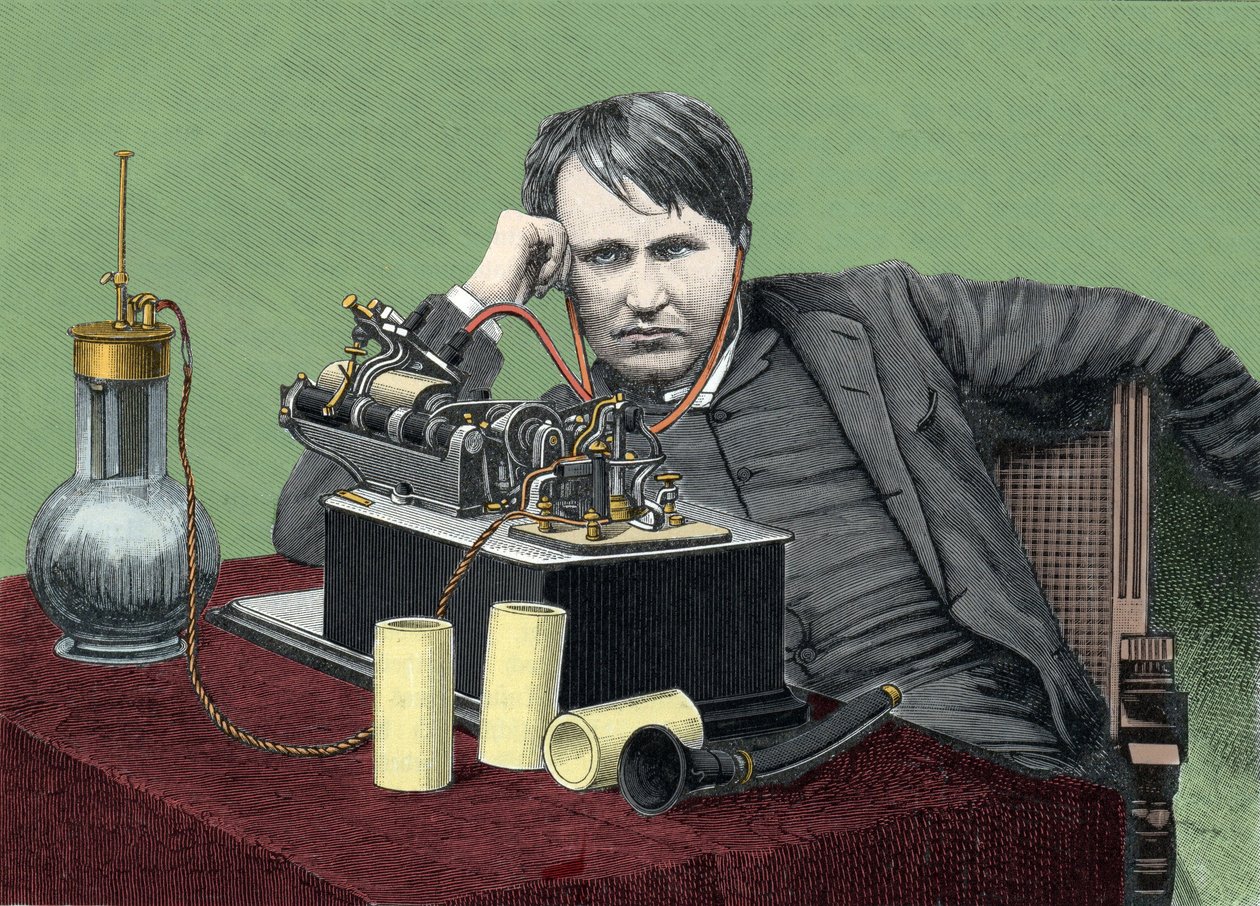 Thomas Edison (1847-1931) amerikai fizikus portréja fonográfjával. Metszet 1900 körül. alkotó: Anonymous Anonymous