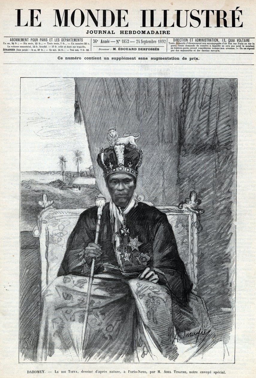 I. Tofa (Toffa) (körülbelül 1850-1908), Dahomey (Benin) királyának portréja Porto Novo-ba (Porto-Novo). Egy újság. Metszet az 1892-es „Le monde illustree”-ben. Magángyűjtemény. alkotó: Anonymous Anonymous