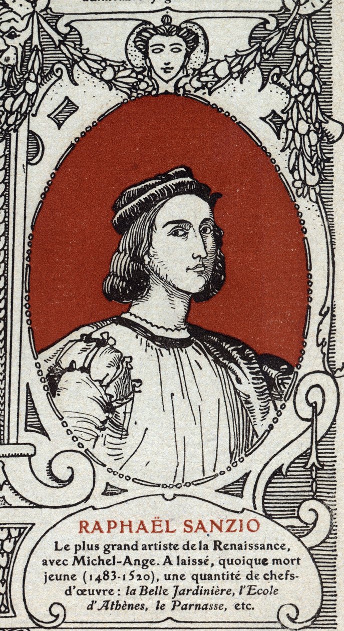 Rafael olasz reneszánsz festő (Raffaello Sanzio 1483-1520) portréja. Metszet 1914-ből. Magángyűjtemény. alkotó: Anonymous Anonymous