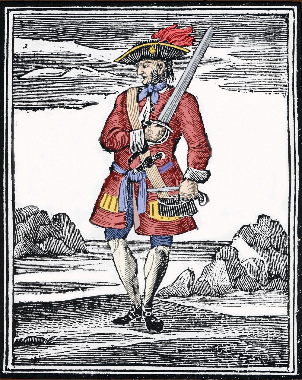 A kalóz, Jack Rackham portréja szerint a Vörös vagy John Rackham, ismertebb nevén Calico Jack (? 1720). Metszés. alkotó: Anonymous Anonymous