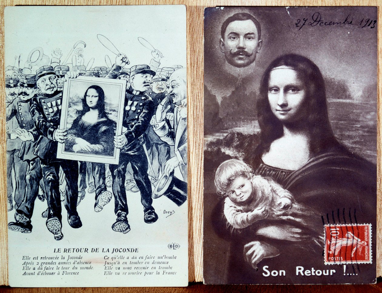 Leonard de Vinci „Mona Lisa, Monna Lisa” (1452-1519) című művének visszatérését ünneplő képeslap Vincenzo Peruggia (1881-1925) 1911-es repülése után. 1913.12.27 alkotó: Anonymous Anonymous