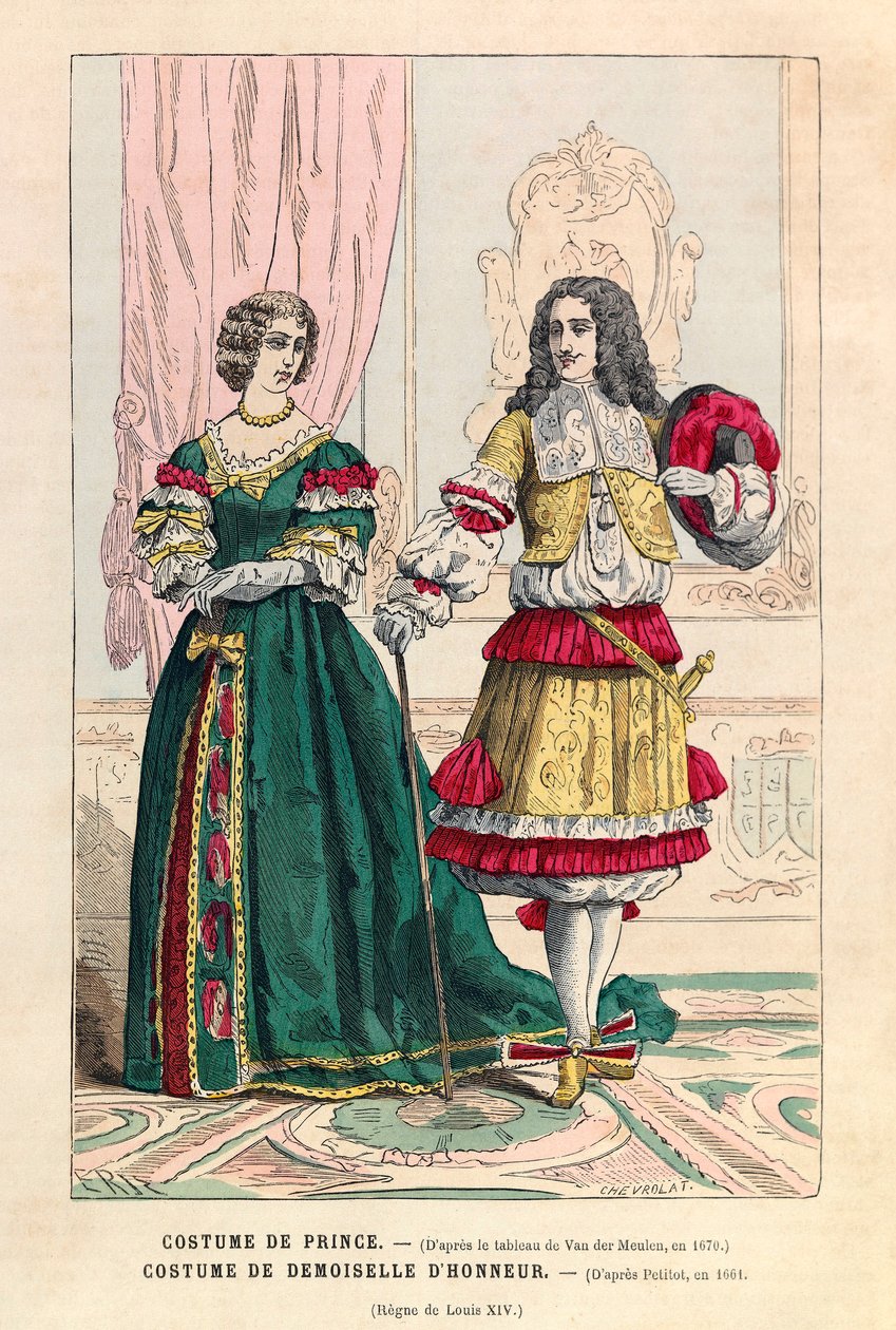 Hercegi jelmez és koszorúslány jelmez XIV. Lajos (1638-1715) uralkodása alatt - magángyűjtemény alkotó: Anonymous Anonymous