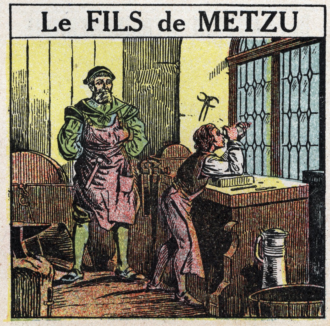 Prizmák és lencsék: Metzu fia. A holland Jacob Metzu (Jacques Metius) véletlenül fedezte fel a távcsövet 1609-ben, miközben fiát nézte, amint homorú és domború szemüvegekkel játszik. Névtelen illusztráció 1925-ből. Magángyűjtemény. alkotó: Anonymous Anonymous