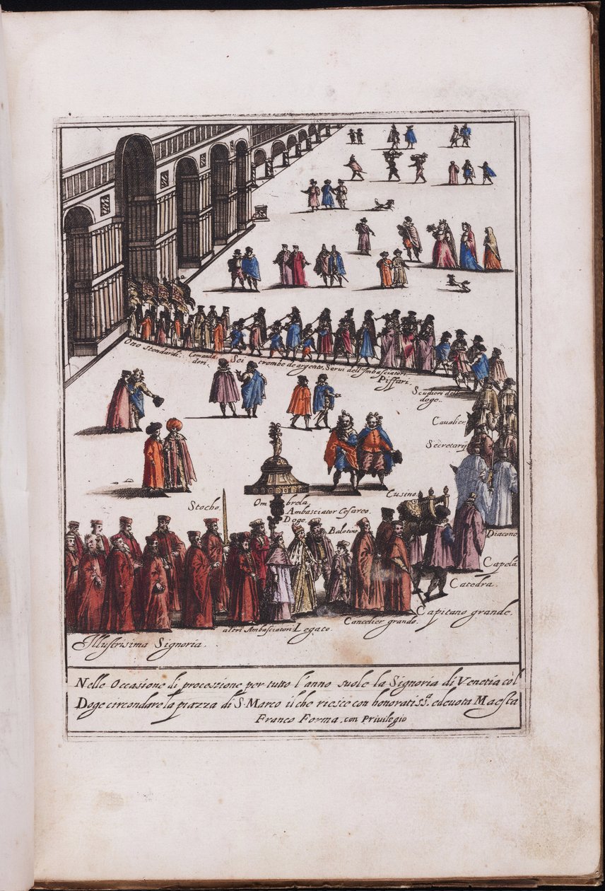 Procession du doge et de son entourage sur la place Saint Marc, Venezia – Dózse körmenete és kísérete a velencei Piazza San Marco-n, Anonymous. Rézmetszet, akvarell alkotó: Anonymous Anonymous