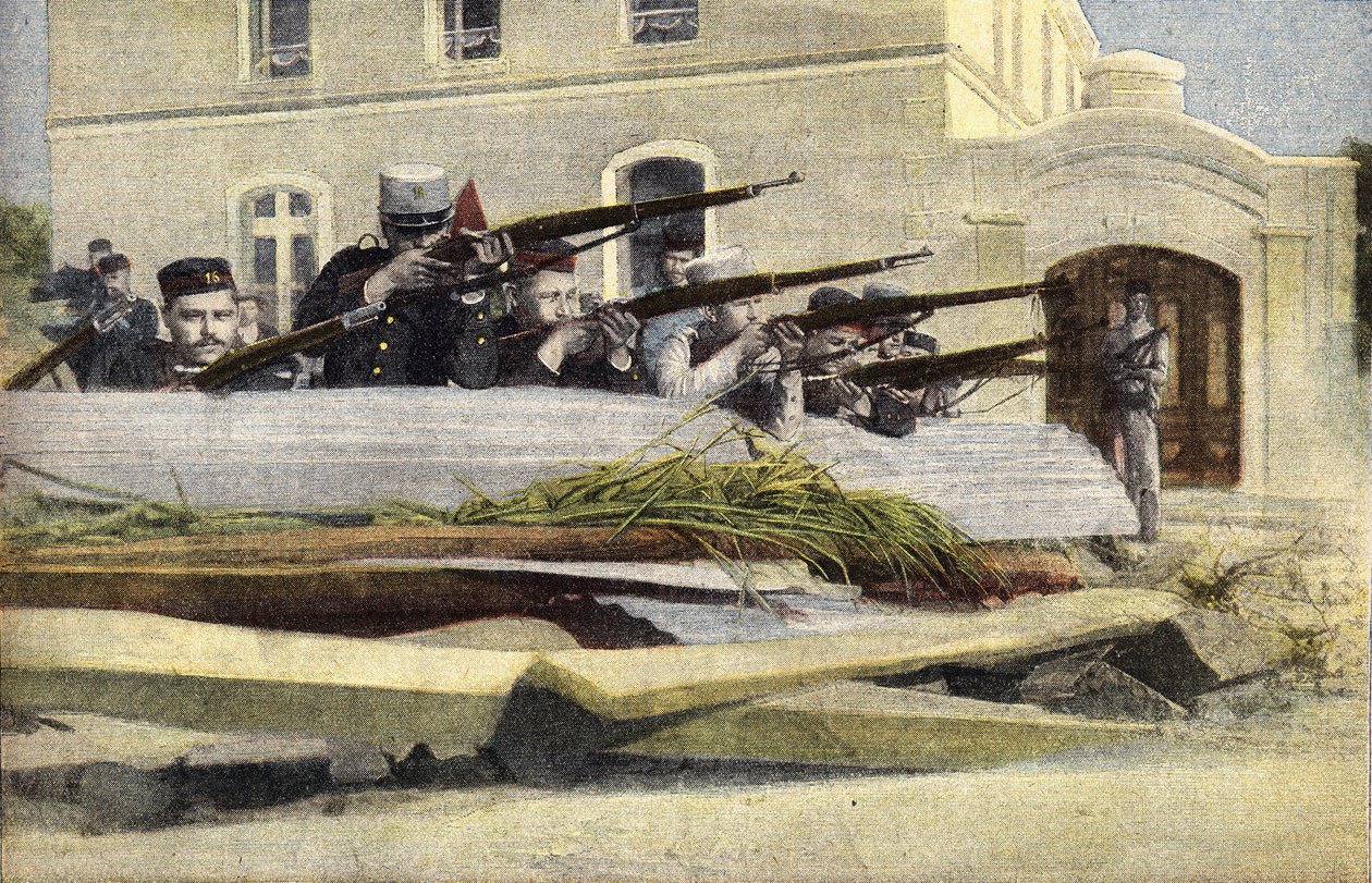 Portugál forradalom: barikád egy lisszaboni utcán. Metszés. A „Le petit parisien” című újság egyike 1910.10.23. Magángyűjtemény. alkotó: Anonymous Anonymous