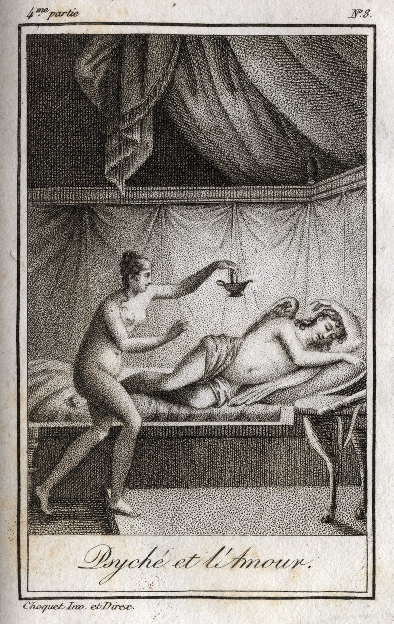 Psyche and Cupido metszet 1819-ből Charles Albert Demoustier (1760-1801) „Levelek Emilie-hez a mitológiáról” című művében. Magángyűjtemény. alkotó: Anonymous Anonymous