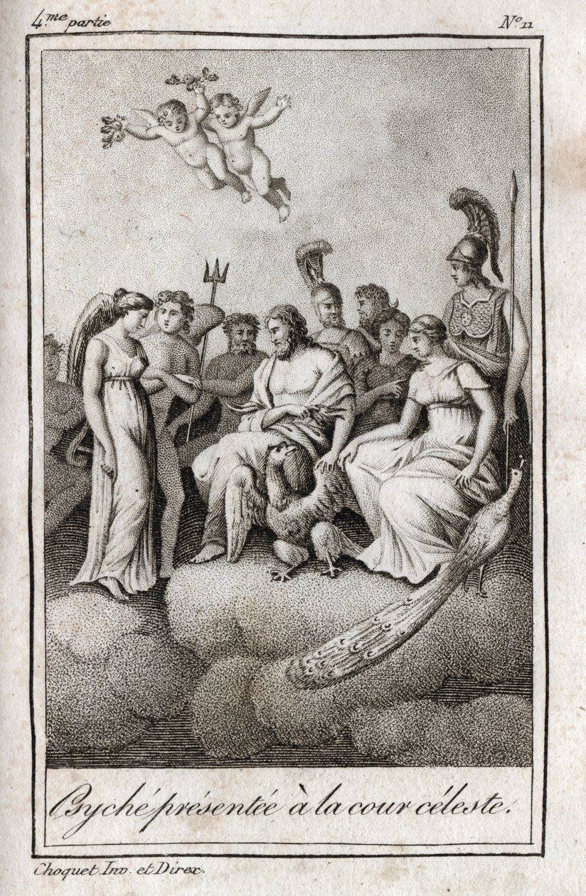 Psyche bemutatta az Égi Udvarnak. Metszet 1819-ből Charles Albert Demoustier (1760-1801) „Lettres a Emilie sur la mythologie” című művében. Magángyűjtemény. alkotó: Anonymous Anonymous
