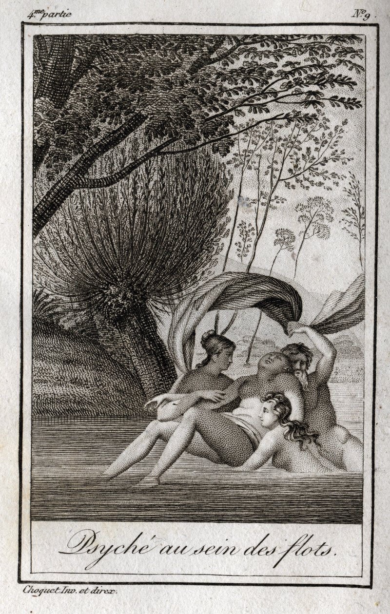Psziché a hullámokban. Metszet 1819-ből Charles Albert Demoustier (1760-1801) „Lettres a Emilie sur la mythologie” című művében. Magángyűjtemény. alkotó: Anonymous Anonymous