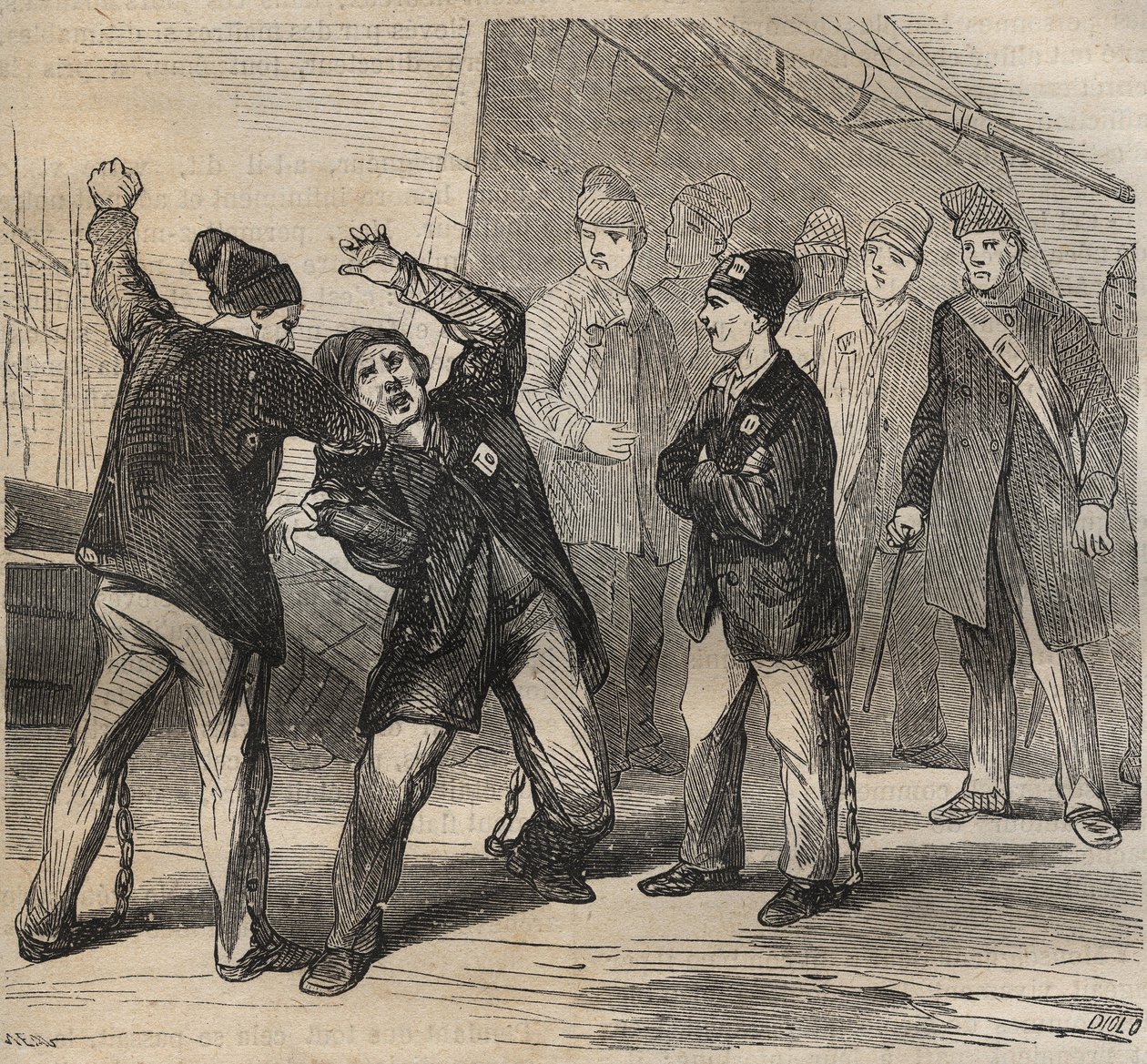 Pugilat jelenet a Toulon Bagne-ban a 19. században. Pierre Zaccone (1817-1895) (Colonia Penale - Büntetőtelep) metszet az „Elítéltek története a megalkotásuktól napjainkig” című könyvébe (1877). Magángyűjtemény. alkotó: Anonymous Anonymous