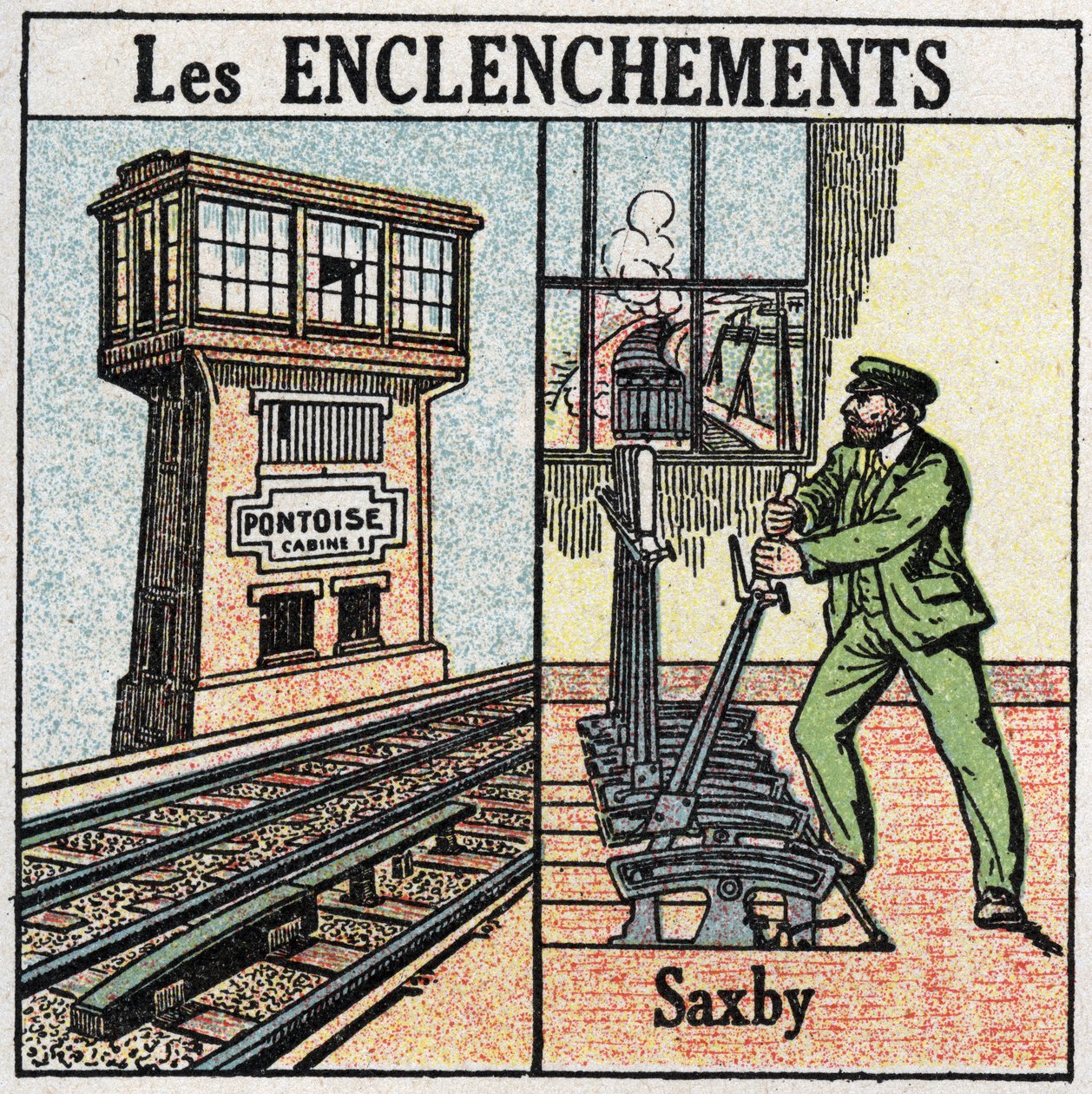 Vasutak: biztosítórendszer. Egy Saxby egyedi emelős állomást használó vasút. Névtelen illusztráció 1925-ből. Magángyűjtemény. alkotó: Anonymous Anonymous