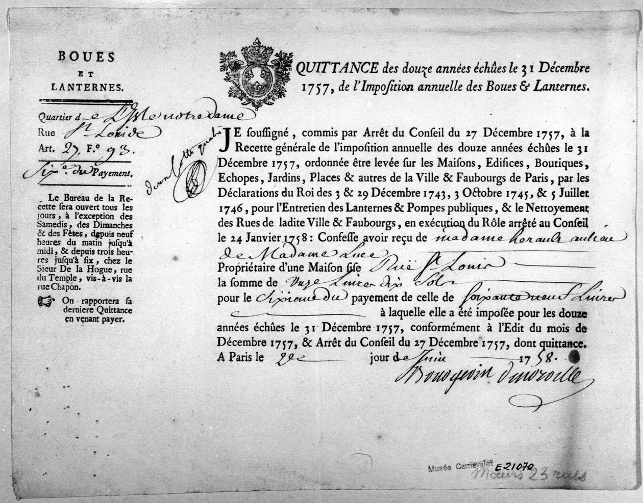 Nyugta az adóhivataltól a sár és lámpások adójának befizetéséről, 1757 decemberében. alkotó: Anonymous Anonymous