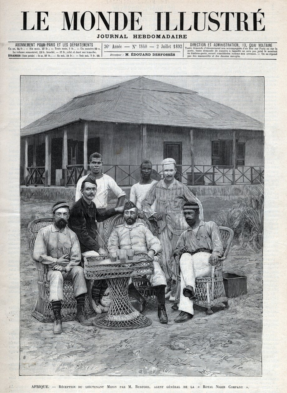 Frederick Bedford (1838-1913), a Royal Niger Company általános ügynöke fogadta Mizon hadnagyot. Louis Alexandre Antoine Mizon francia felfedező (1853-1899) nyugat-afrikai utazása során. Egy újság. Metszet az 1892-es „Le monde illustree”-ben. alkotó: Anonymous Anonymous
