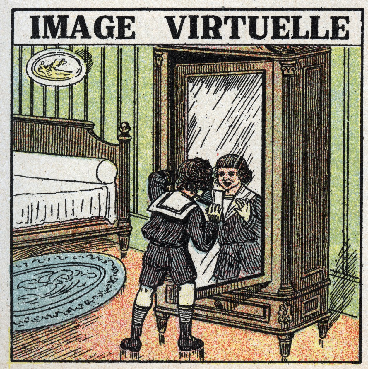 Fényvisszaverődés: virtuális kép. Egy gyermek, aki tükörképét szemléli. Névtelen illusztráció 1925-ből. Magángyűjtemény. alkotó: Anonymous Anonymous