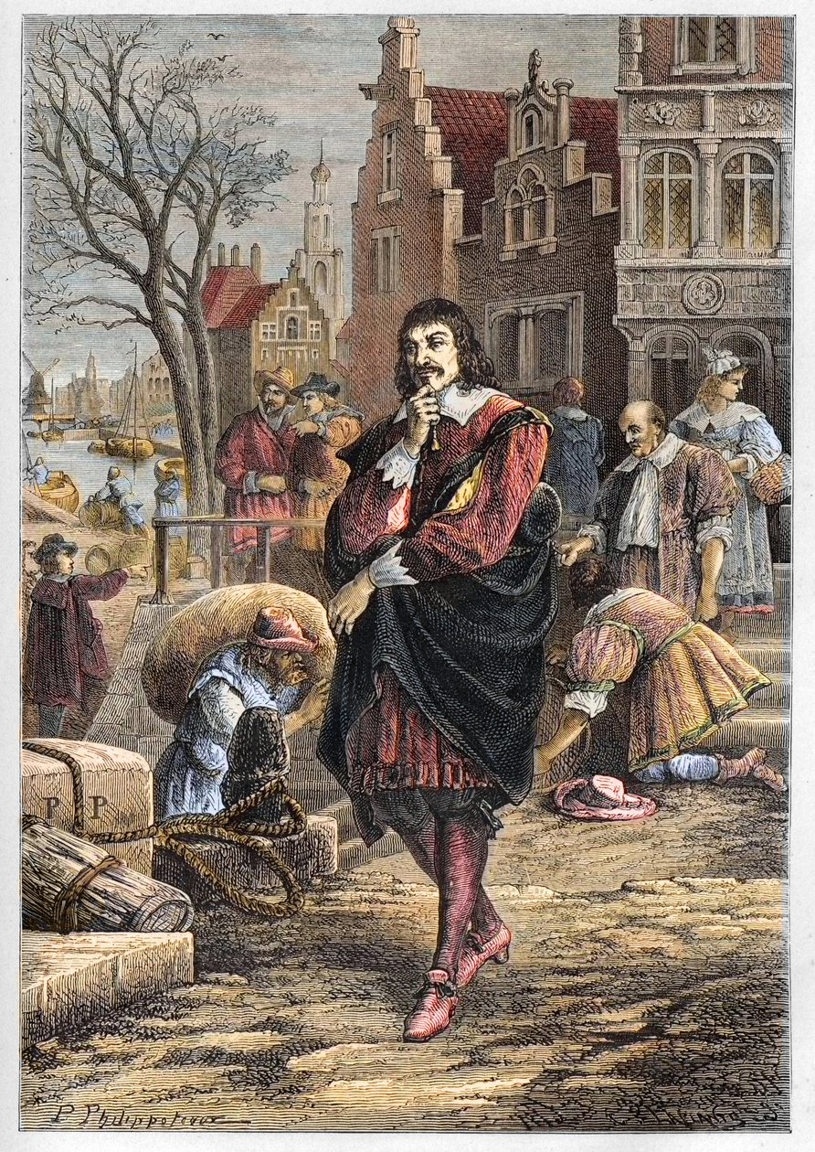 Rene Descartes (1596-1650), francia filozófus és matematikus, aki Amszterdam utcáin sétál - Descartes Amszterdamban - metszet a „L’histoire de France tellee à mes grandsenfants”-ból - Francois Guizot - 1872-1876 alkotó: Anonymous Anonymous