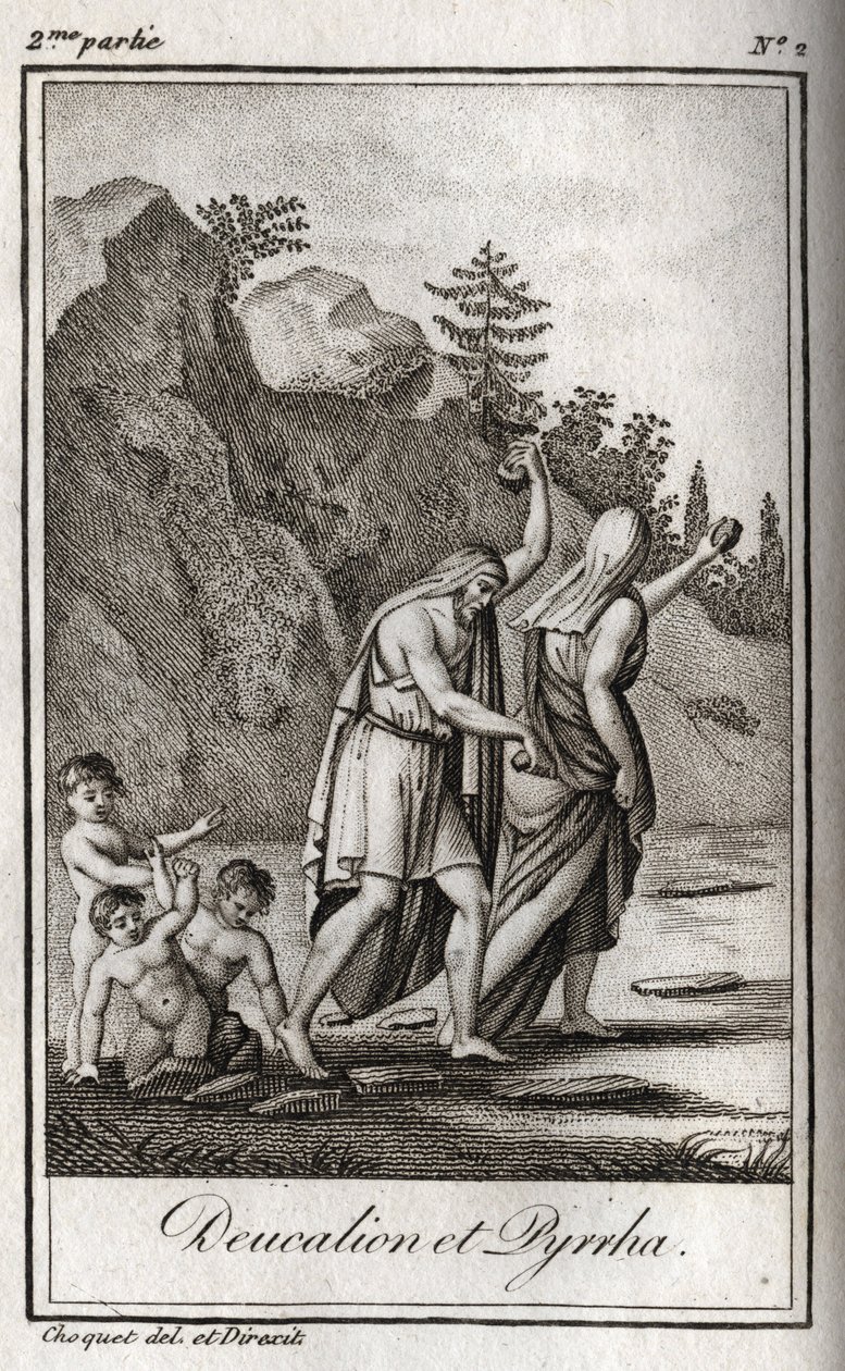 Deucalion és Pyrrha ábrázolása, az egyetlen túlélő a Zeusz által az emberi fajt elpusztító özönvíz után. Themisz az özönvíz után arra kéri őket, hogy letakarva járják a fejüket, és maguk mögé dobják anyjuk csontjait (a Föld köveit) (Re) alkotó: Anonymous Anonymous