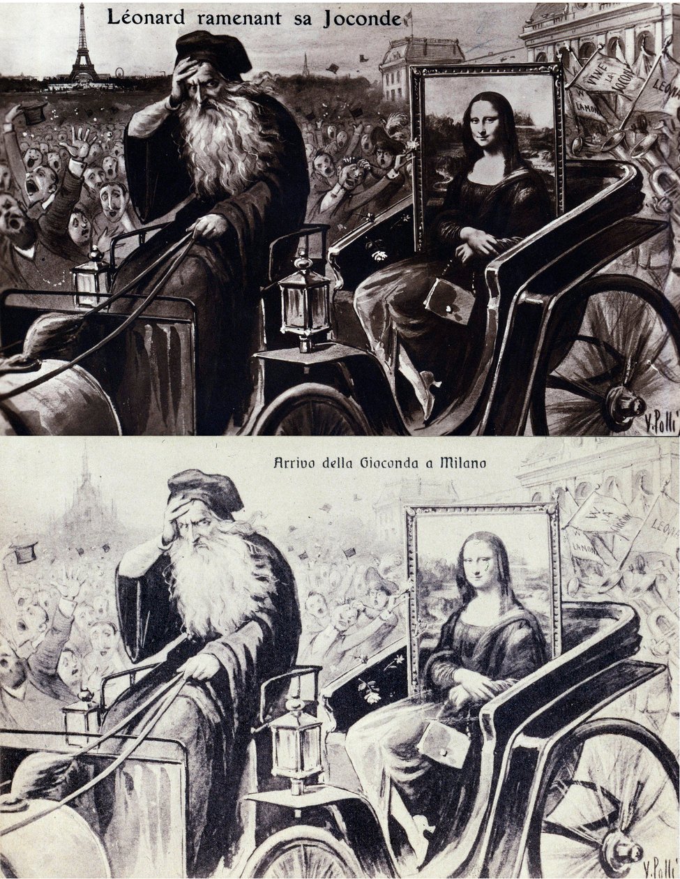 Leonard de Vinci (Leonardo da Vinci) (1452-1519) ábrázolása, aki visszahozza "" A Mona Lisa" (Mona Lisa, Monna Lisa) című művét Vincenzo Peruggia (1881-1925) művének ellopása után. 1911.08.21-én. Vígjáték képeslap alkotó: Anonymous Anonymous
