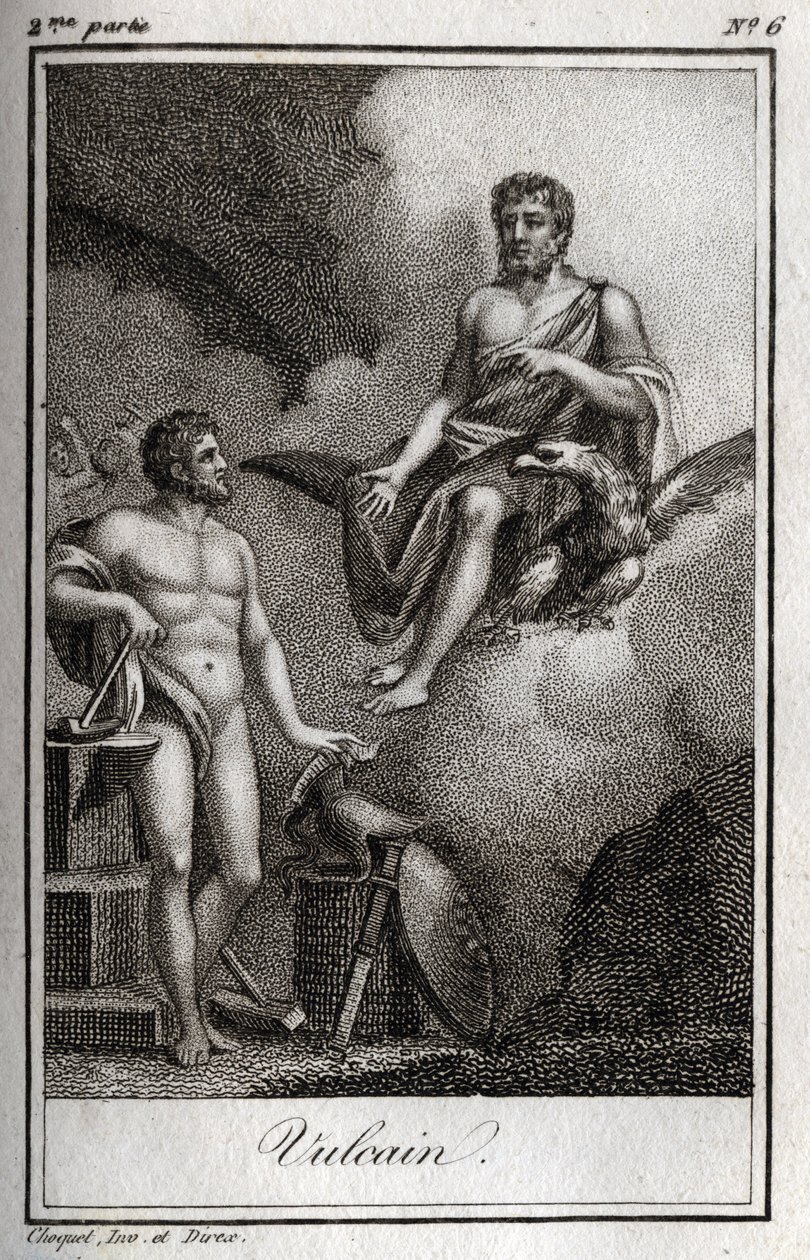 Vulkánt, a tűz, a kovács és a vulkánok istenét ábrázolja. (Vulkán, a tűz és a vulkánok istene). Metszet 1819-ből Charles Albert Demoustier (1760-1801) „Lettres a Emilie sur la mythologie” című művében. Magángyűjtemény. alkotó: Anonymous Anonymous