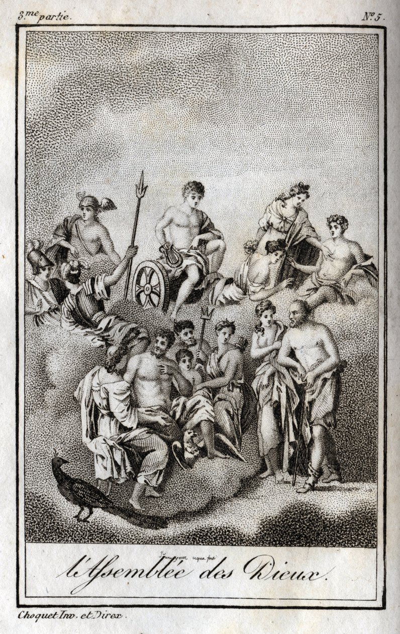 Az istenek gyülekezetének ábrázolása az Olümposz-hegyen vagy a Tizenkét olimpikon. Metszet 1819-ből Charles Albert Demoustier (1760-1801) „Lettres a Emilie sur la mythologie” című művében. Magángyűjtemény. alkotó: Anonymous Anonymous