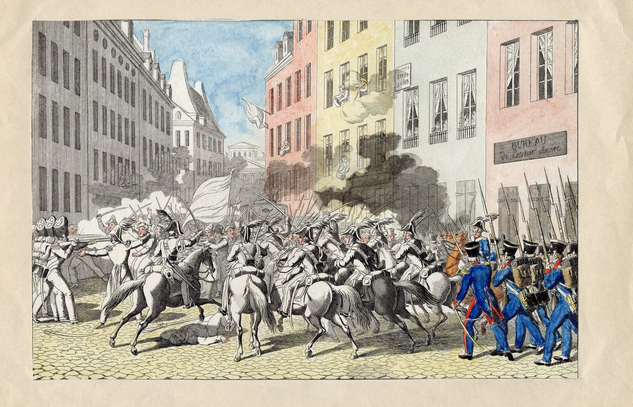 Revolution de Juillet 1830 a Paris (Az 1830-as júliusi forradalom) Névtelen metszet és akvarell 1830 Méret: 25,7x40,3 cm Magángyűjtemény alkotó: Anonymous Anonymous