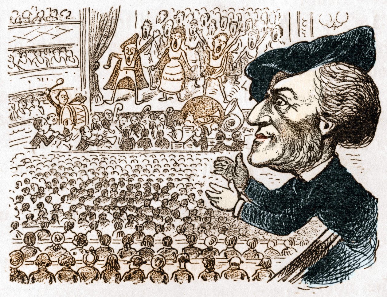 Richard Wagner több száz énekest, zenészt alkalmaz, emberek milliói bérelnek helyet, és ő az egyetlen, aki tapsol. Karikatúra Richard Wagner német zeneszerzőről (1813-1883) J. Grand-Carteret Les moreurs et la caricature en allemand című művéből. 18 körül alkotó: Anonymous Anonymous