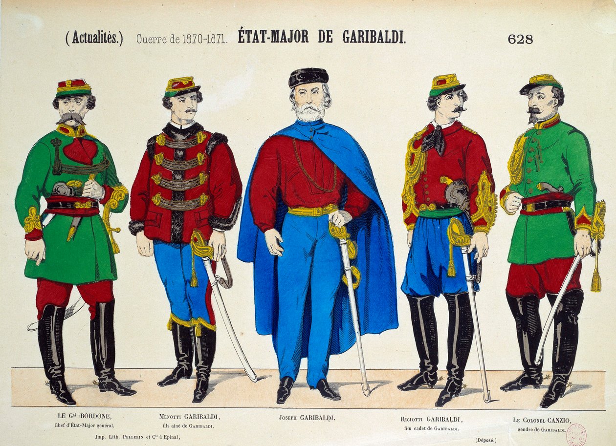 Risorgimento: Giuseppe Garibaldi vezérkara (1807-1882). Az olasz Unite hőseit két fia, Menotti és Riciotti, Bordone tábornok és Canzio ezredes képviseli. Metszet 1870 körül Párizs, Musee Carnavalet alkotó: Anonymous Anonymous