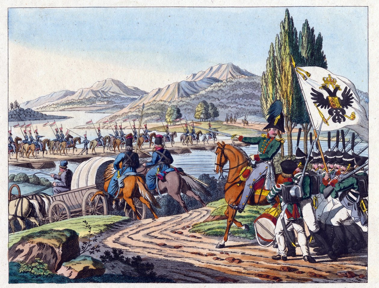 Az orosz hadsereg átkel a Pruth folyón Moldvába 1828 májusában - Anonymous - 1829 - Rézkarc, akvarell - 37,9x24,4 - Magángyűjtemény alkotó: Anonymous Anonymous