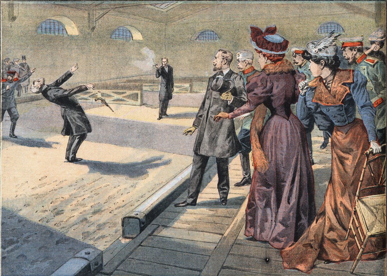 Smyrnoff és Fock orosz tábornokok párbajban vívnak egymással. Metszet a „Le Petite Parisien” újságból, 1908.05.04. Magángyűjtemény. alkotó: Anonymous Anonymous