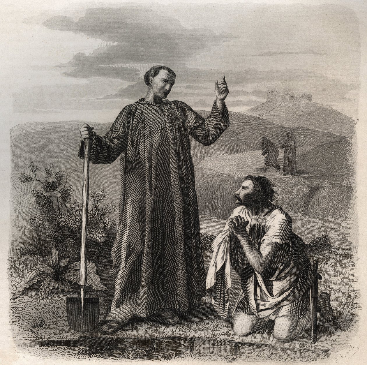 Nursiai Szent Benedek üdvözli Totilát (6. század), az osztrogótok királyát. Metszet 1846-ból a „Szentek élete” c. Magángyűjtemény. alkotó: Anonymous Anonymous