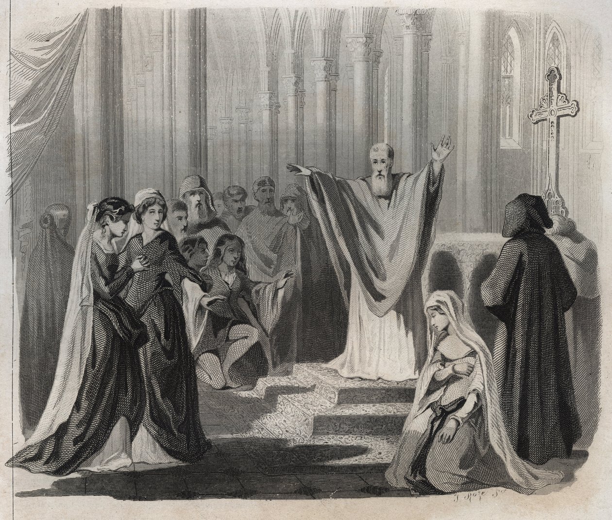 Saint Dunstan (kb. 909-988), Canterbury bencés, az angliai szerzetesi élet megújítója, közelgő halálát hirdeti az embereknek. Metszet 1846-ból „A szentek élete” c. Magángyűjtemény. alkotó: Anonymous Anonymous