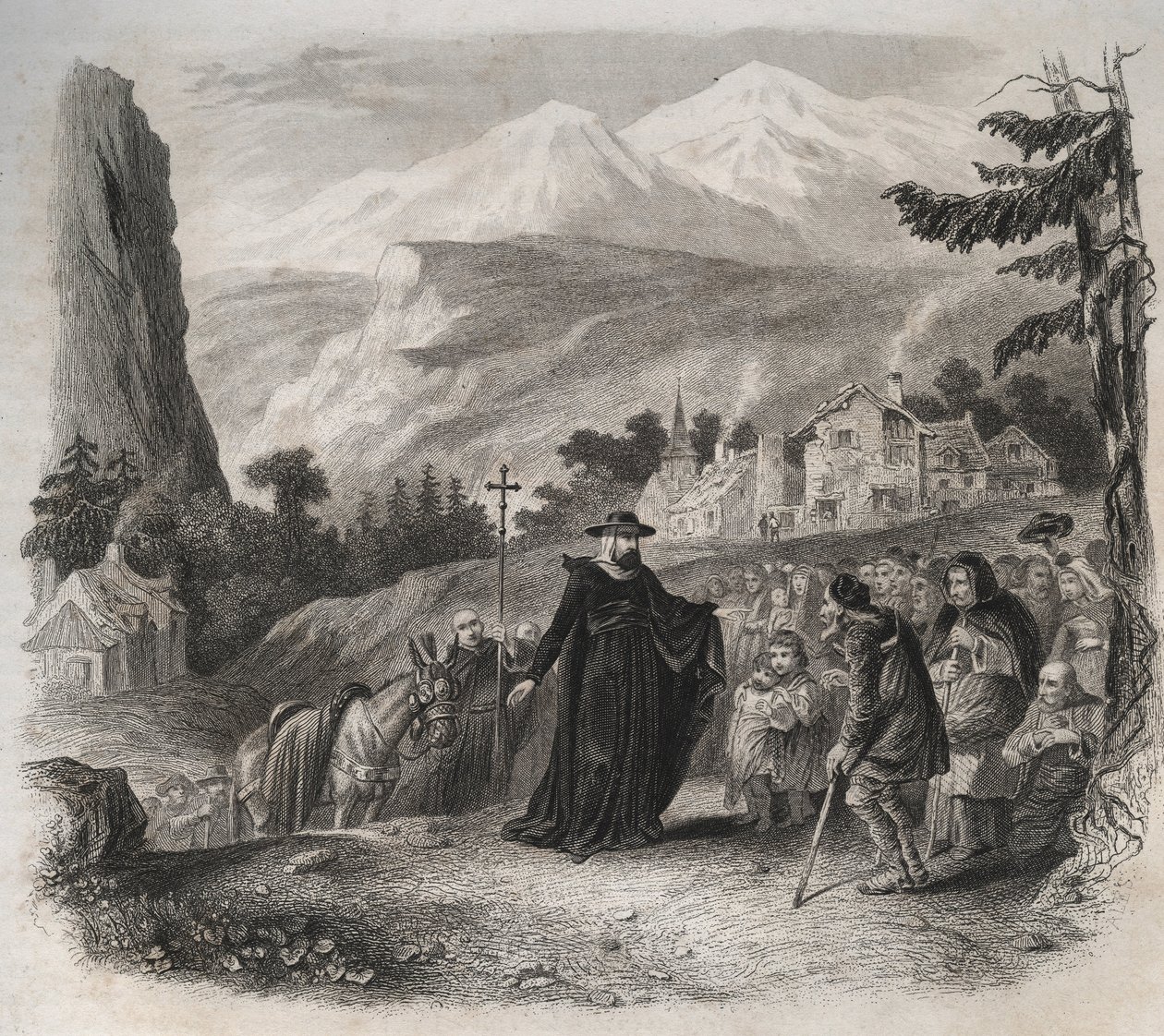 Saint Francois-de-Sales (Saint Francois de Sales) (1567-1622), Genf eveque egy lelkipásztori látogatáson. Metszet 1846-ból a „Szentek élete” c. Magángyűjtemény. alkotó: Anonymous Anonymous