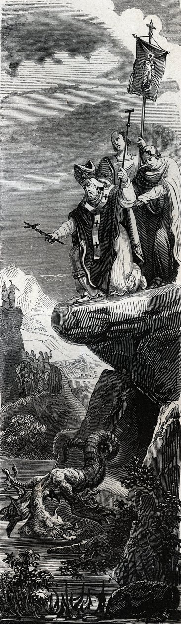 Saint Front (a Perigord első evangéliumhirdetője) (3. század) a sárkány kicsapása a Dordogne-ban - 1846-os metszet a „” A szentek élete” c. Magángyűjtemény. alkotó: Anonymous Anonymous