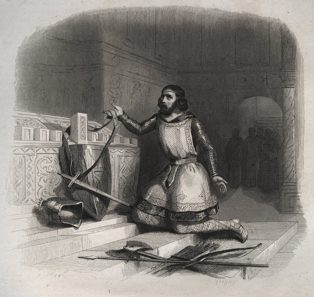 Aquitániai Szent Vilmos (Gellone Guilhem) (kb. 750/755-812/815) karjait Szent Julián vértanú brioude-i sírjára helyezve. Metszet 1846-ból „A szentek élete” c. Magángyűjtemény. alkotó: Anonymous Anonymous