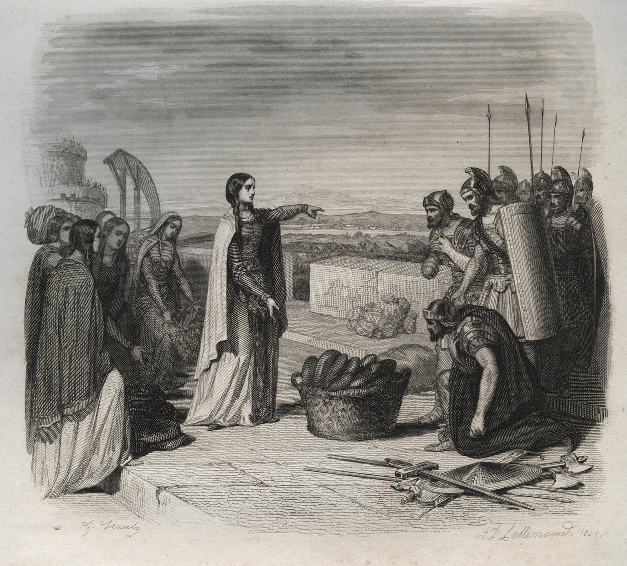 Sainte Genevieve élelmet osztott az embereknek az Attila hunok serege által 451-ben Párizs ostrománál (barbár inváziók). Metszet 1846-ból a „Szentek élete” c. Magángyűjtemény. alkotó: Anonymous Anonymous