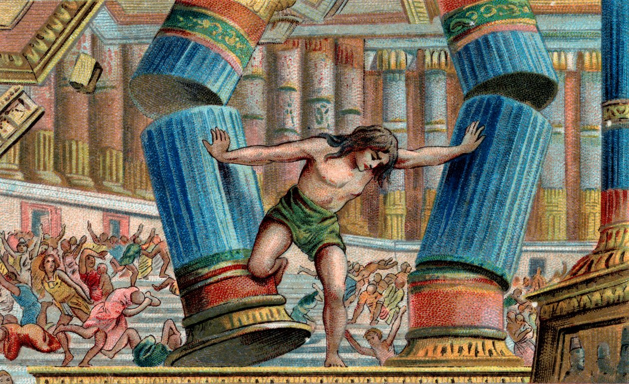 Sámson lerombolja Dagon templomát - Kromolitográfia - Magángyűjtemény alkotó: Anonymous Anonymous
