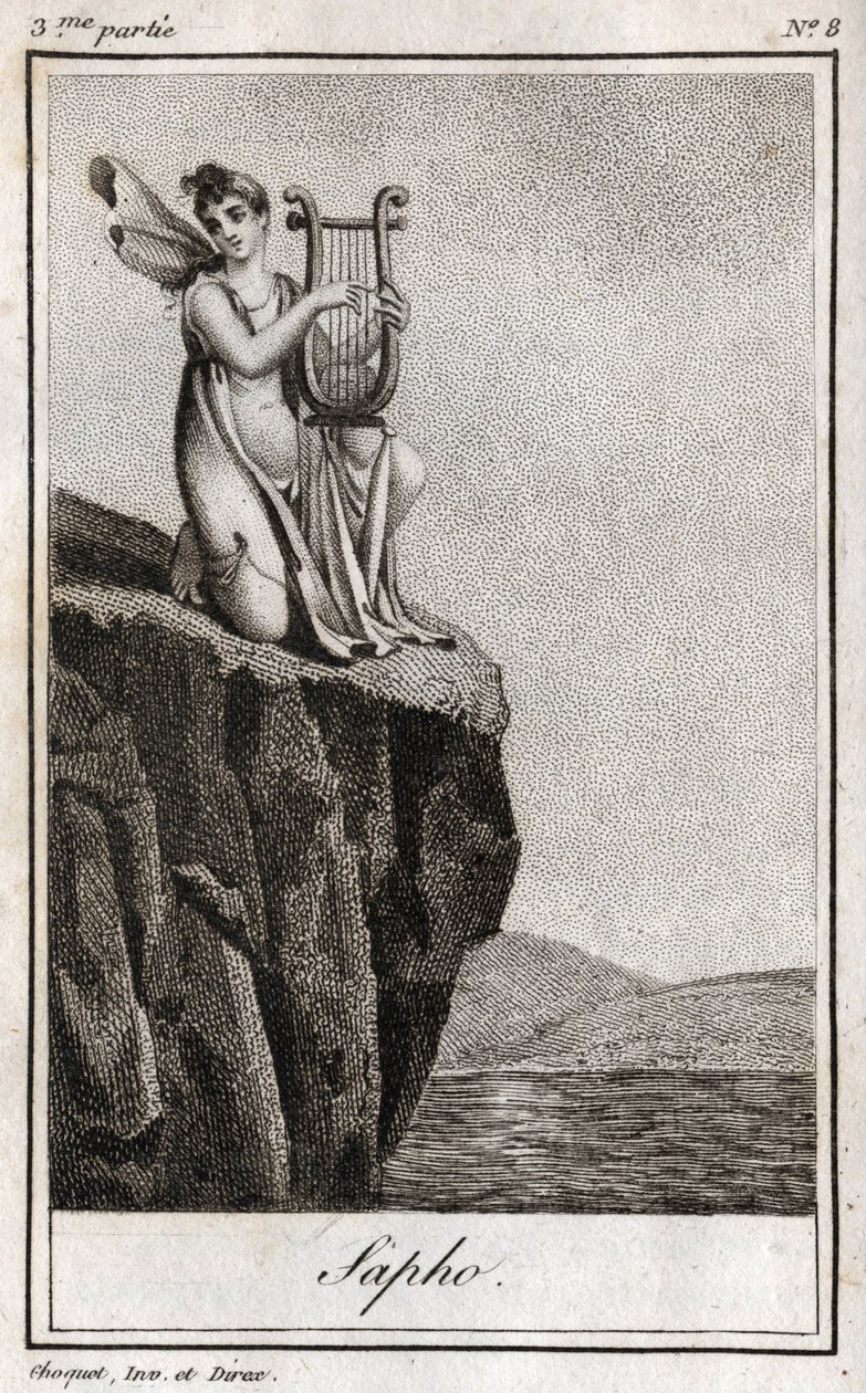 Sapho (vagy Sappho, ie 7. század), az ókor görög költője. Metszet 1819-ből Charles Albert Demoustier (1760-1801) „Lettres a Emilie sur la mythologie” című művében. Magángyűjtemény. alkotó: Anonymous Anonymous